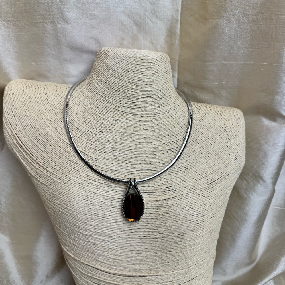 Vintage Silver Tone Lady Remington Omega Neckace with Orange Crystal Pendant